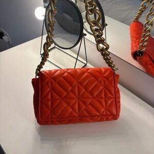 Zara dark orange Quilted Shoulder Bag with Gold Chain